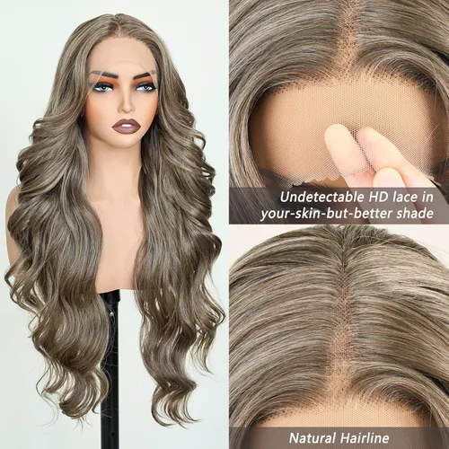Vista 3 de FABELLE - Peluca de cabello sintético rubio ceniza con encaje frontal de 13 x 4 HD, sin pegamento, parte media ondulada de 30 pulgadas, para usar