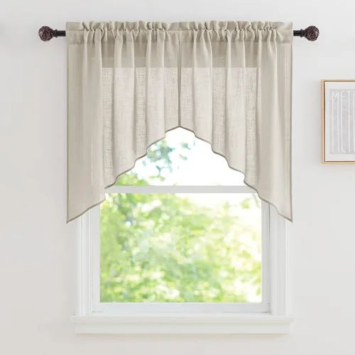 Vista 43 de RYB HOME - Cortinas de café de 24 pulgadas de largo, cortinas cortas de lino traslúcidas para ventana pequeña, cortina de media privacidad con Angora