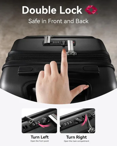 Vista 6 de LUGGEX Maleta de mano con bolsillo frontal, maleta rígida de policarbonato expandible con puerto USB, Negro -, Maleta de mano