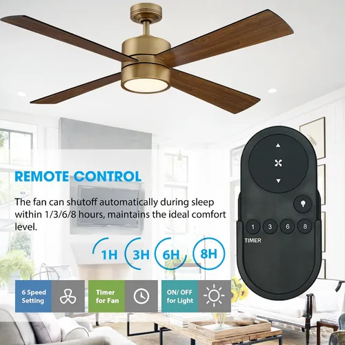 Vista 7 de Parrot Uncle Ventiladores de techo de 52 pulgadas con luces y control remoto, ventilador de techo dorado con luz de perfil bajo para dormitorio, LED