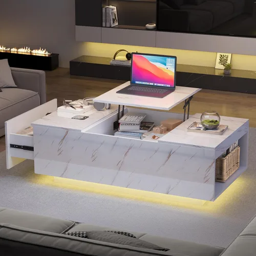 Vista 9 de Mesa de centro LED, mesas de centro elevables de 47.2 pulgadas con cajones y gran almacenamiento, mesa inteligente para sala de estar con carga