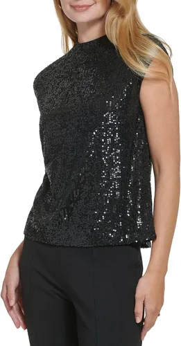 Vista 3 de Calvin Klein Elegante blusa sin mangas de malla con lentejuelas brillantes para mujer