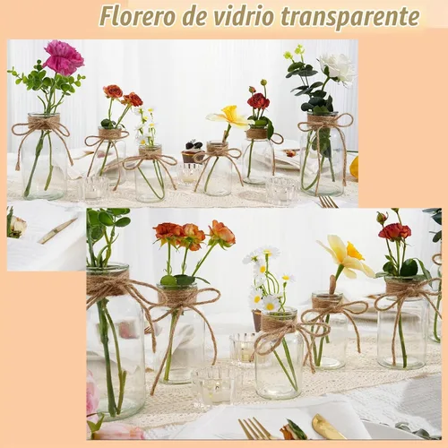 Vista 5 de Jarrones de vidrio vintage para flores, juego de 3 jarrones transparentes para centro de mesa de boda estilo granja, botella cilíndrica