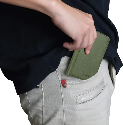 Vista 5 de VISOUL Cartera de cuero genuino para tarjetas de crédito para hombres y mujeres cartera delgada y flexible con un mini soporte extraíble