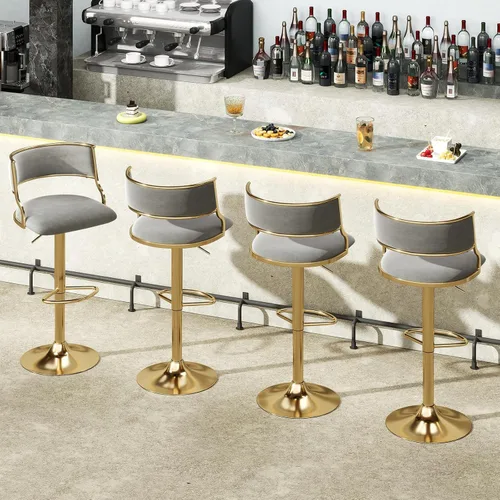 Vista 9 de COSTWAY Taburete giratorio moderno de altura ajustable, juego de 2, gris y dorado Velvet Upholstered Island Stools with Barrel Back & Footrest