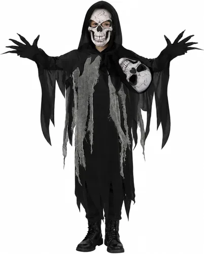 Vista 2 de Disfraz de la parca para niños, disfraz de Halloween con capucha negra con 2 máscaras de calavera y guantes Parca negra