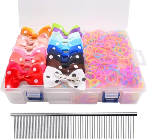 Vista 13 de YOY 20 adorables lazos para el pelo de perro con clips y 1000 bandas de goma y 1 peine de acero para peluquería, nudo superior de cachorro, moño