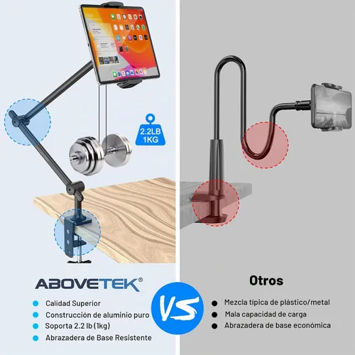 Vista 7 de AboveTEK Soporte para tablet para escritorio y cama, brazo de aluminio para iPad con abrazadera giratoria de 360°, soporte ajustable para teléfono