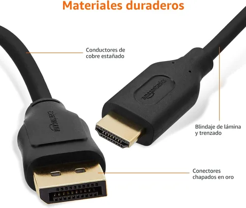 Vista 4 de Amazon Basics Cable DisplayPort a HDMI, unidireccional, chapado en oro, video y audio, 3 pies, negro