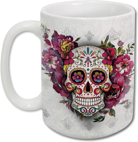 Vista 11 de Sweet Gisele Taza de cerámica de calavera de azúcar, taza de café con estampado floral, diseño del Día de los Muertos, hermosos colores vivos, gran