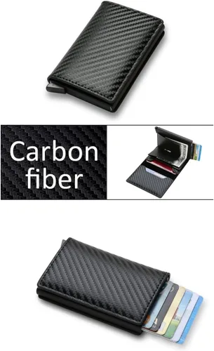 Vista 2 de Cartera minimalista con bloqueo RFID de piel sintética ligera de aluminio para tarjetas de crédito en efectivo, Fibra de carbono, Rfid Wallet