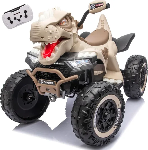 Vista 8 de ATV de dinosaurio de 24 V, motor de potencia de 200 W x 2, ruedas grandes, juguete de 2 plazas con control parental, suspensión de 4 ruedas, luces