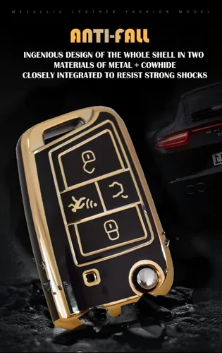 Vista 3 de SANRILY Golden-Edge - Funda para llavero de 4 botones para VW Tiguan Golf Jetta Polo Atlas Skoda de protección completa sin llave con llavero