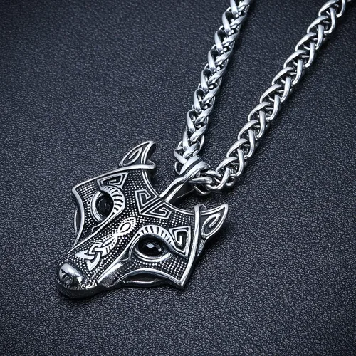 Vista 3 de BAVIPOWER Viking Fenrir - Collar con colgante de amuleto de cabeza de lobo para hombres y mujeres, collar escandinavo nórdico de acero inoxidable