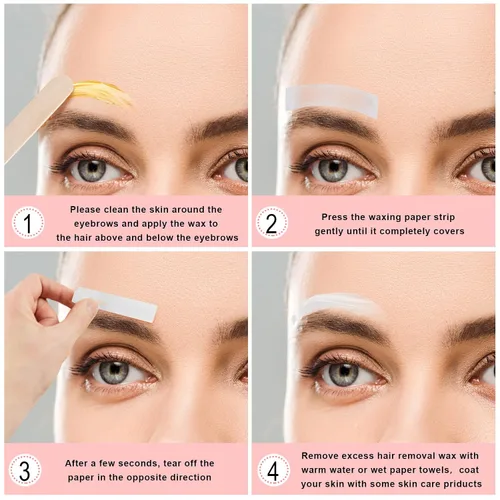 Vista 5 de Maitys Kit de tiras de cera pequeñas para cejas, papel de depilación, tiras faciales, almohadillas de depilación para mujeres y hombres, cejas