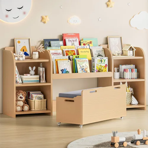 Vista 10 de ONBRILL Estantería para niños con rincón de lectura, organizador de almacenamiento de juguetes de 55.2 pulgadas, 6 cubos de almacenamiento