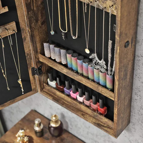 Vista 9 de SONGMICS Armario de joyería con cerradura con espejo, organizador de almacenamiento de joyas para ahorrar espacio montado en la pared, color marrón