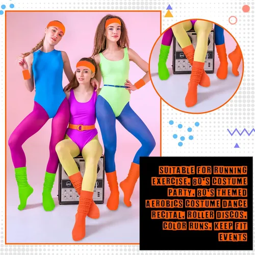 Vista 5 de 80s Neon Costumes Accessories Set Slouch Socks Sweatband Headband Wristband Neon Workout Outfit for Women Girl Cosplay Party