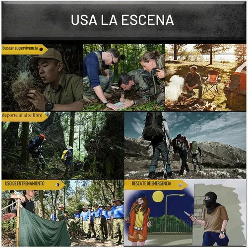 Vista 4 de Brújula multifunción 7 en 1, termómetro de seguridad de supervivencia al aire libre, brújula, espejo LED, lupa, multiherramienta para camping
