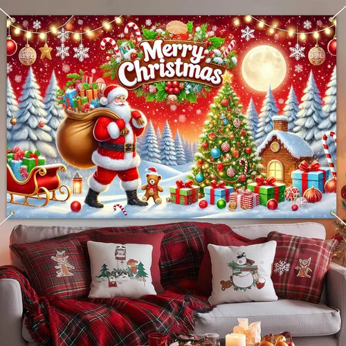 Vista 5 de HOMETITUTE Cartel de Navidad de 71 x 43 pulgadas, telón de fondo rojo de Papá Noel con árbol de regalo, decoración de nieve en trineo