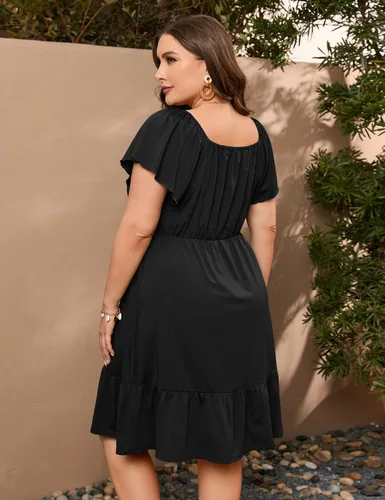Vista 6 de ShopWonder Vestidos hawaianos de talla grande para mujer, vestido de cuello cuadrado, manga corta, casual, acampanado, vestido de verano