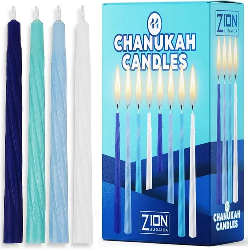 Vista 3 de Kit completo de Menorá de Janucá Menorá tradicional de velas - Plata satinada, 44 velas de Janucá, 4 dreideles, guía de Janucá, bolsa de gelt