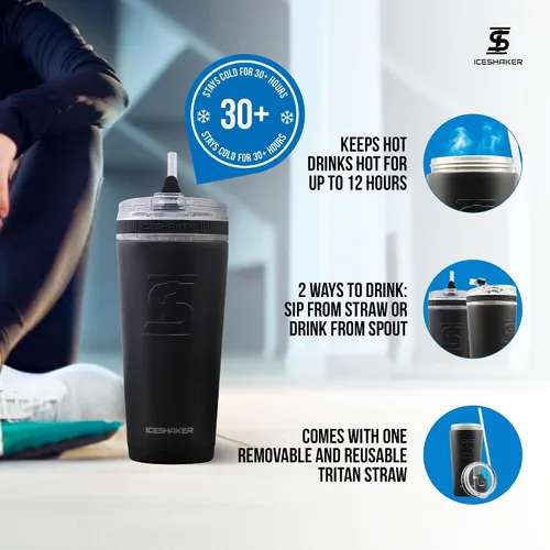 Vista 3 de Ice Shaker Vaso de 26 onzas, botella de agua aislada con popote, botella de acero inoxidable, como se ve en Shark Tank, botella de agua con pajita