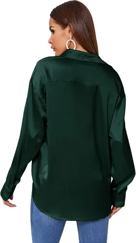Vista 2 de MakeMeChic Blusa de manga larga de seda satinada para mujer, blusa casual con botones