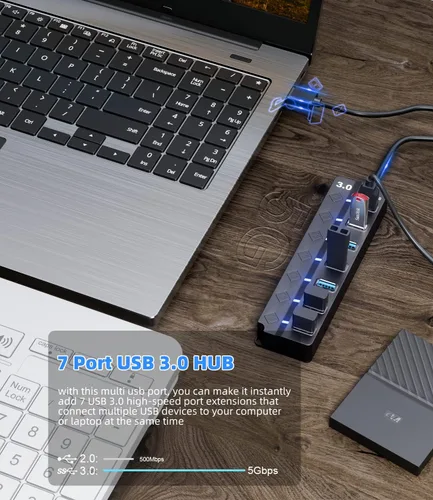 Vista 3 de Concentrador USB 3.0, concentrador USB Eanetf de 7 puertos con interruptores LED individuales de encendido/apagado y cable largo extendido