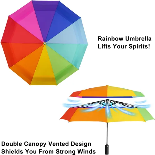 Vista 2 de Lejorain Paraguas grande de golf resistente al viento, 54 pulgadas, doble capa, arco iris, 10 varillas, paraguas plegable de viaje, compacto, cierre