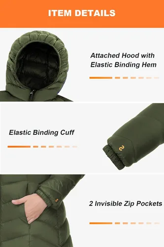 Vista 6 de SLOW DOWN Women Lightweight Down Puffer Coat, Women Hooded Mid-Length Packable Winter Jacket with 2 Packing Bag