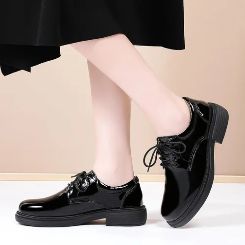 Vista 2 de OKJ Zapatos Oxford para mujer, zapatos Oxford negros para mujer, con plataforma de cuero, cómodos y elegantes, mocasines con cordones, casuales