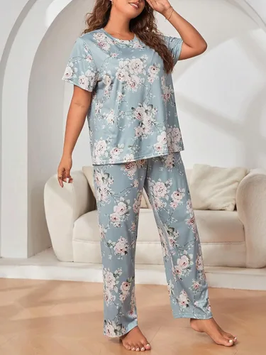 Vista 3 de WDIRARA Conjunto de pijama de manga corta y pantalones para mujer, talla grande, con máscara para los ojos