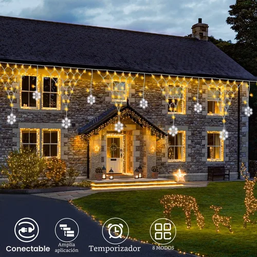Vista 2 de DBFAIRY Red de luces de Navidad para exteriores, 207 luces LED de red de 13.1 pies de largo x 1.9 pies de alto, con 12 copos de nieve colgantes Copo