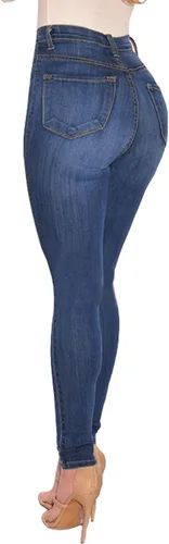 Vista 2 de Jeans elásticos de cintura alta para mujer, 5 botones, levantamiento de glúteos, ajustados, colombianos