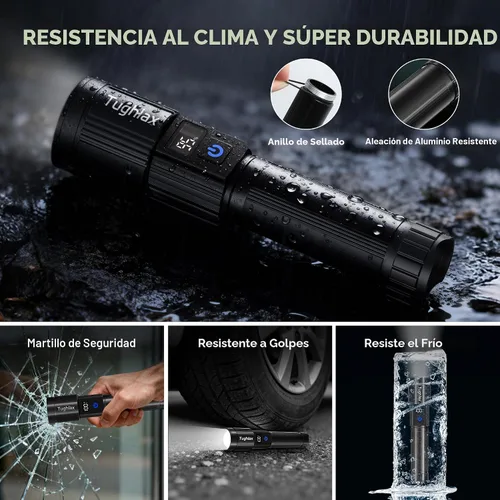 Vista 8 de 4 paquetes de linternas recargables de alto lúmenes 9900LX, linterna LED recargable con pantalla digital LCD, linterna ajustable de 5 modos