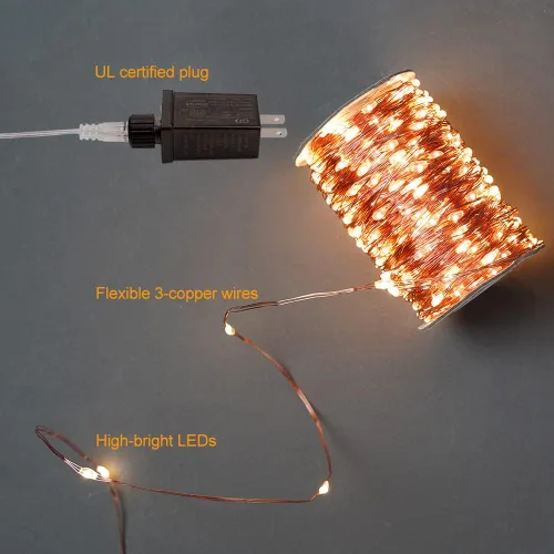 Vista 4 de Luces de Hadas Extra Largas de 660 Pies para Enchufar, Impermeables para Exteriores, Luces de Cadena de Alambre de Cobre de Alto Brillo con Control