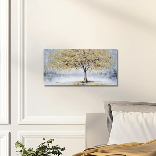 Vista 4 de Belmrxne Arte de pared de árbol de la vida, decoración de pared pequeña dorada, paisaje, lienzo, obra de arte divertida para entrada, pasillo, baño
