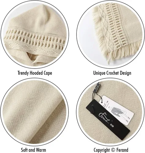 Vista 3 de Capa con capucha Ferand, con flequillo en el dobladillo, patrones de ganchillo para tejer poncho, para mujer.