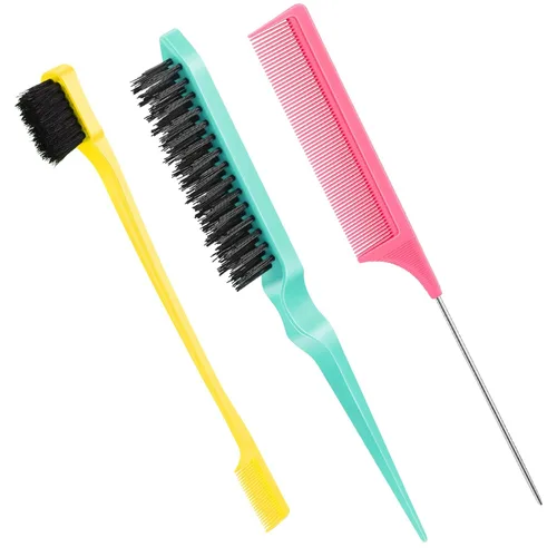 Vista 17 de Geiserailie Juego de 3 cepillos para cabello peinado hacia atrás, cepillo de cerdas, control de bordes, peine para desenredar para cabello negro