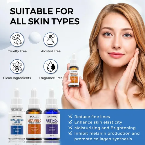 Vista 3 de Juego de suero facial antienvejecimiento, vitamina C, retinol y ácido hialurónico para la luminosidad y la humedad de la piel, 1 onza líquida
