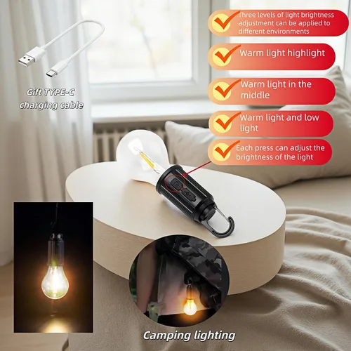 Vista 6 de Linterna LED portátil para campamento, gancho para colgar en cualquier lugar, recargable USB-C, 3 modos de brillo, resistente al agua