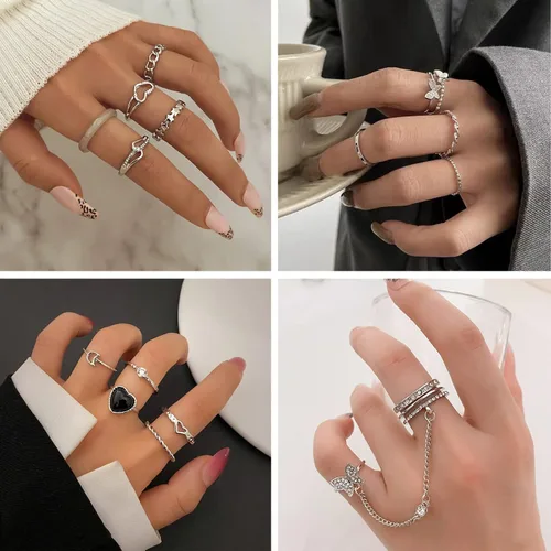 Vista 5 de IFKM 36 PCS Silver Plated Jewelry Set with 3 PCS Necklace 12 PCS Bracelet 7 PCS Ear Cuffs Earring 14 Pcs Knuckle Rings for Women Girls Valentine