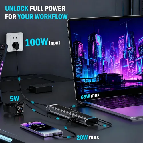 Vista 3 de Estación de acoplamiento para laptop, estación de carga universal todo en uno de carga rápida de 100 W con doble USB-C USB-A Hub 4K HDMI Ethernet 1