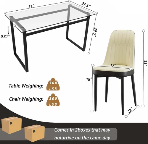 Vista 2 de Juego de mesa de comedor de cristal moderno para 4, juego de mesa de cocina rectangular, juego de mesa de comedor de 5 piezas con 1 mesa de vidrio