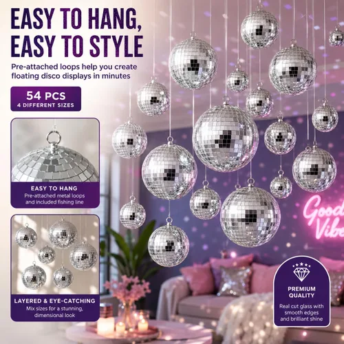 Vista 4 de Youdepot 54 mini bolas de discoteca plateadas, adornos de bola de disco colgantes para decoración de bolas de discoteca, mini bolas de discoteca
