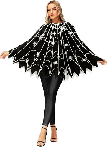 Vista 2 de Disfraz de calabaza de Halloween, capa de poncho de esqueleto de telaraña