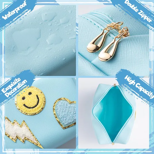 Vista 4 de LieToi - Bolsa de aseo pequeña con parche preparado, sonrisa, relámpago, corazón, arcoíris, de piel sintética, bolsa de maquillaje impermeable Azul