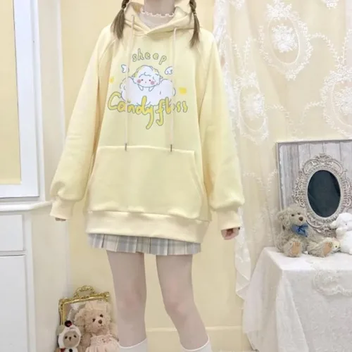 Vista 2 de Sudadera con capucha Kawaii con estampado de oveja, sudadera estética de gran tamaño, ropa de calle Harajuku, Albaricoque