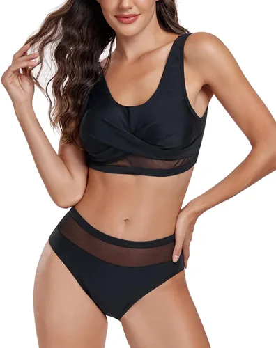 Vista 2 de Fanuerg Conjunto de bikini de cintura alta para mujer, traje de baño de dos piezas con malla frontal
